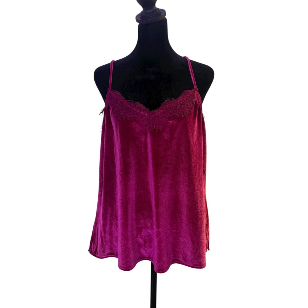 Whimsigoth Coquette Velvet Lace‎ Trim Cami Tank Top Womens L Pink Gothic